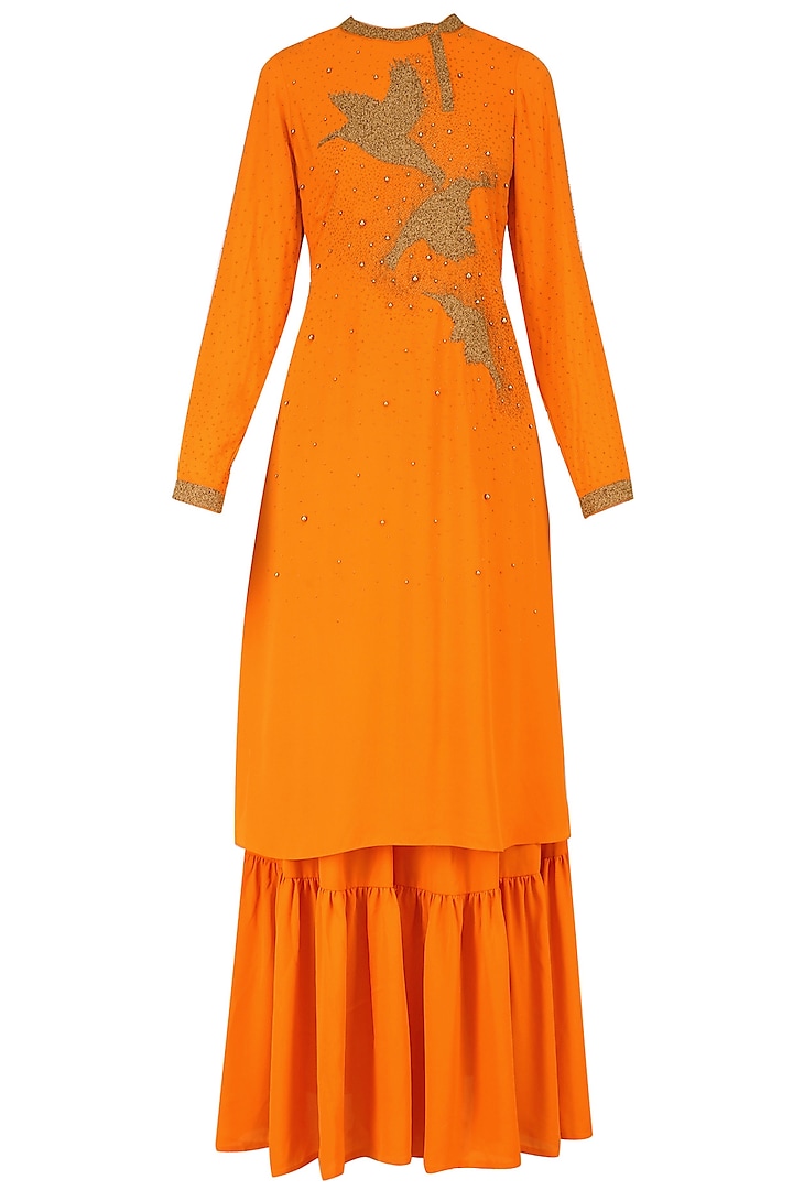 Orange Beadwork Tunic and Sharara Pants Set by Nitin Bal Chauhan