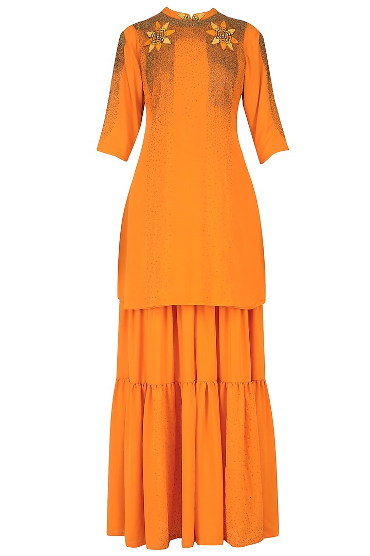 Orange Applique Work Tunic and Sharara Pants Set by Nitin Bal Chauhan