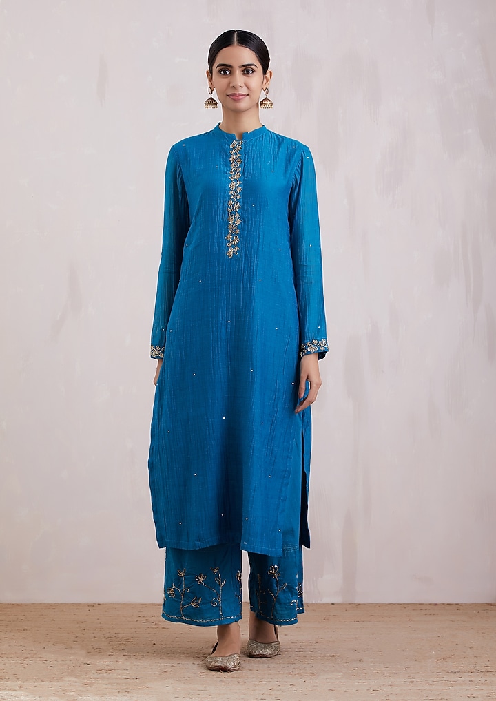 Blue Hand Embroidered Kurta Set by Barahmasi at Pernia's Pop Up Shop