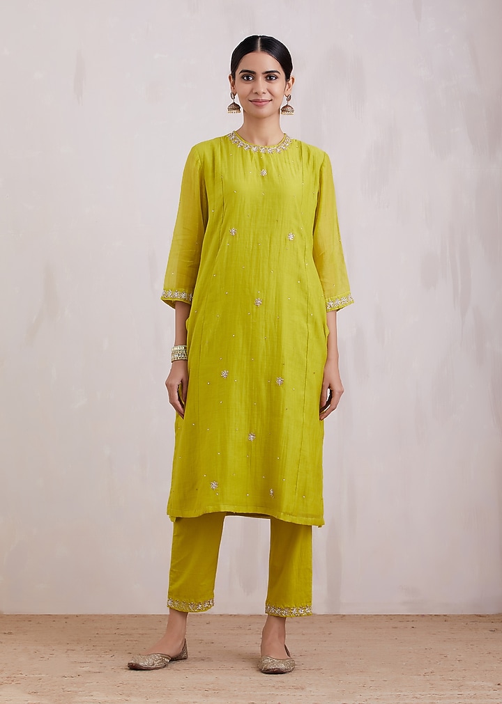 Lime Hand Embroidered Kurta Set by Barahmasi at Pernia's Pop Up Shop