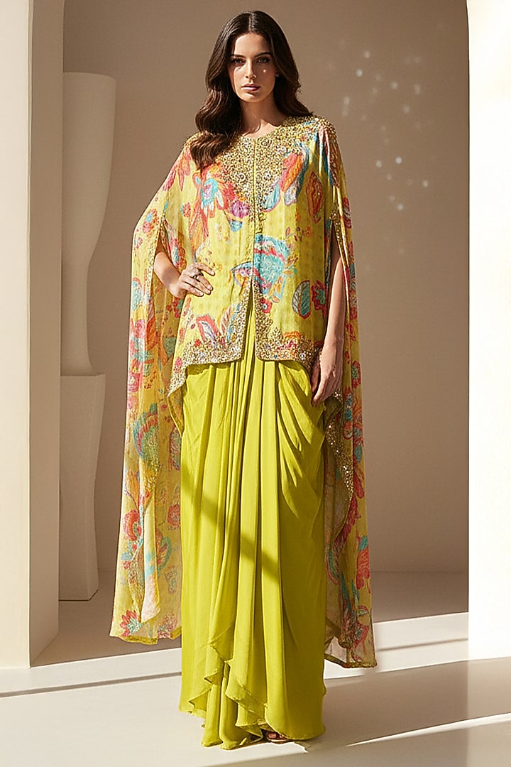 Lime Crepe Printed & Embroidered Cape Set by Basanti - Kapde aur Koffee at Pernia's Pop Up Shop