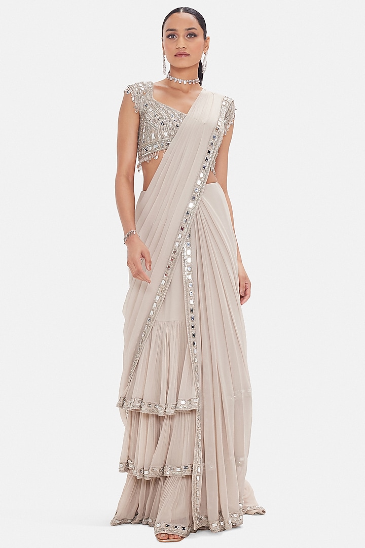 Golden Georgette Sequins Work Draped Wedding Saree Set by Basanti - Kapde aur Koffee at Pernia's Pop Up Shop
