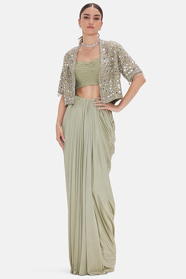 Green Dupion Silk Draped Skirt Set by Basanti - Kapde aur Koffee at Pernia's Pop Up Shop