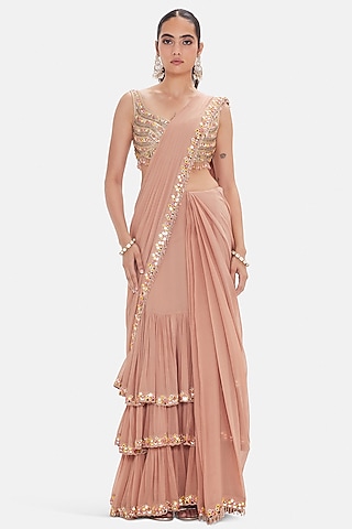 Peach Georgette Sequins Work Draped Saree Set by Basanti - Kapde aur Koffee