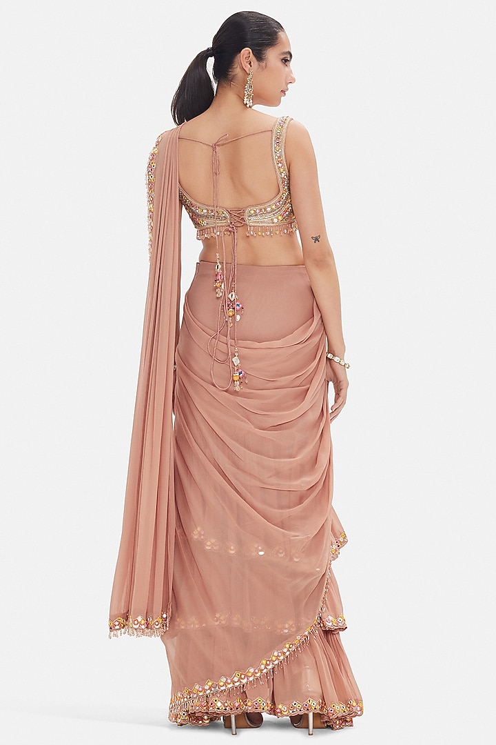 Peach Georgette Sequins Work Draped Wedding Saree Set by Basanti - Kapde aur Koffee at Pernia's Pop Up Shop