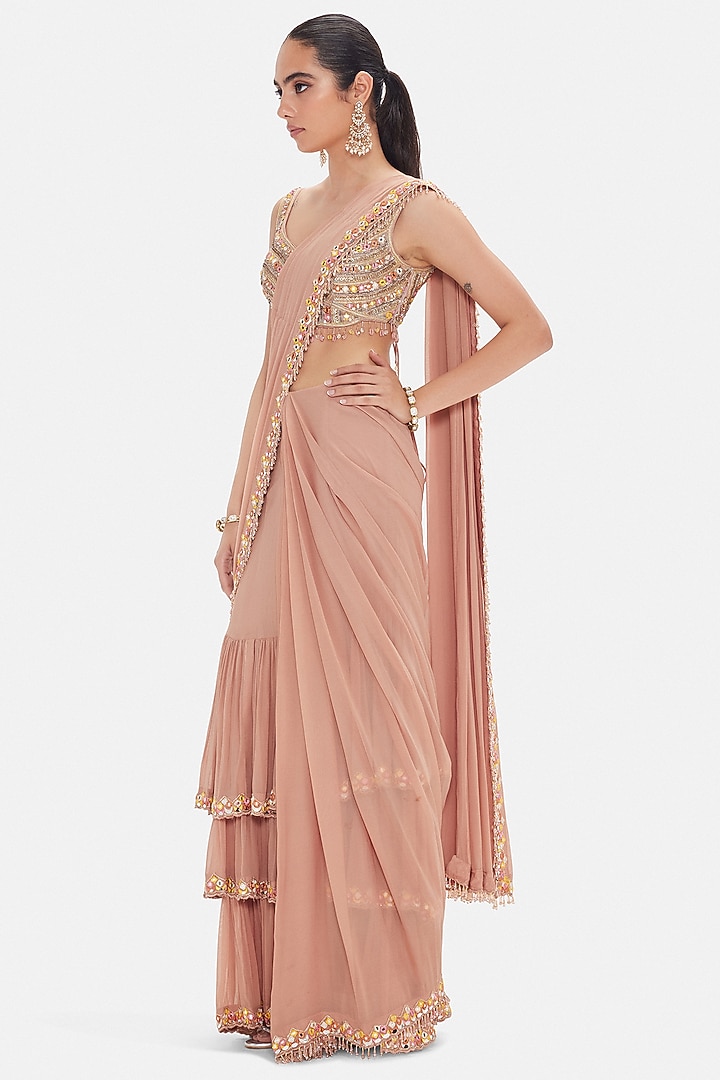 Peach Georgette Sequins Work Draped Wedding Saree Set by Basanti - Kapde aur Koffee at Pernia's Pop Up Shop