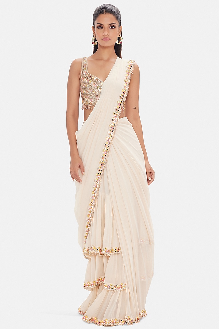 Off-White Georgette Sequins Work Draped Wedding Saree Set by Basanti - Kapde aur Koffee at Pernia's Pop Up Shop
