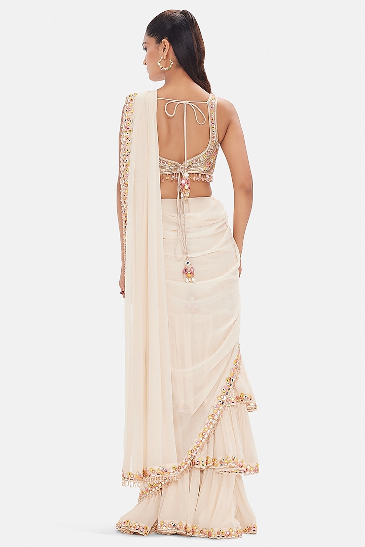 Off-White Georgette Sequins Work Draped Wedding Saree Set by Basanti - Kapde aur Koffee at Pernia's Pop Up Shop