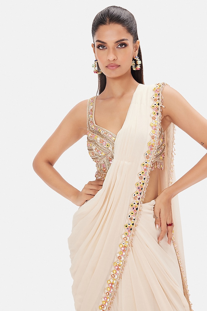 Off-White Georgette Sequins Work Draped Wedding Saree Set by Basanti - Kapde aur Koffee at Pernia's Pop Up Shop