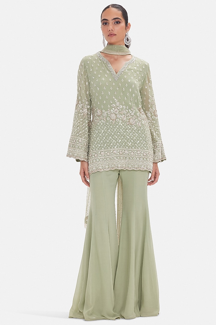 Green Georgette Sequins Work Party Wear Sharara Set by Basanti - Kapde aur Koffee at Pernia's Pop Up Shop
