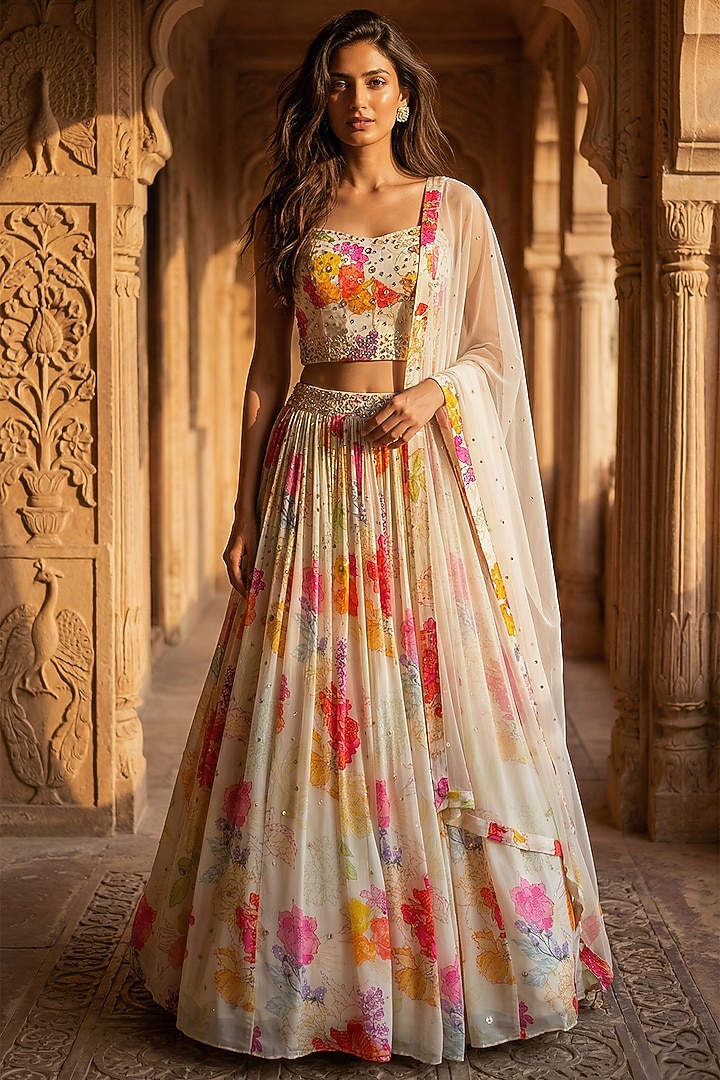 Ivory Georgette Sequins Embroidered Lehenga Set by Basanti - Kapde aur Koffee at Pernia's Pop Up Shop