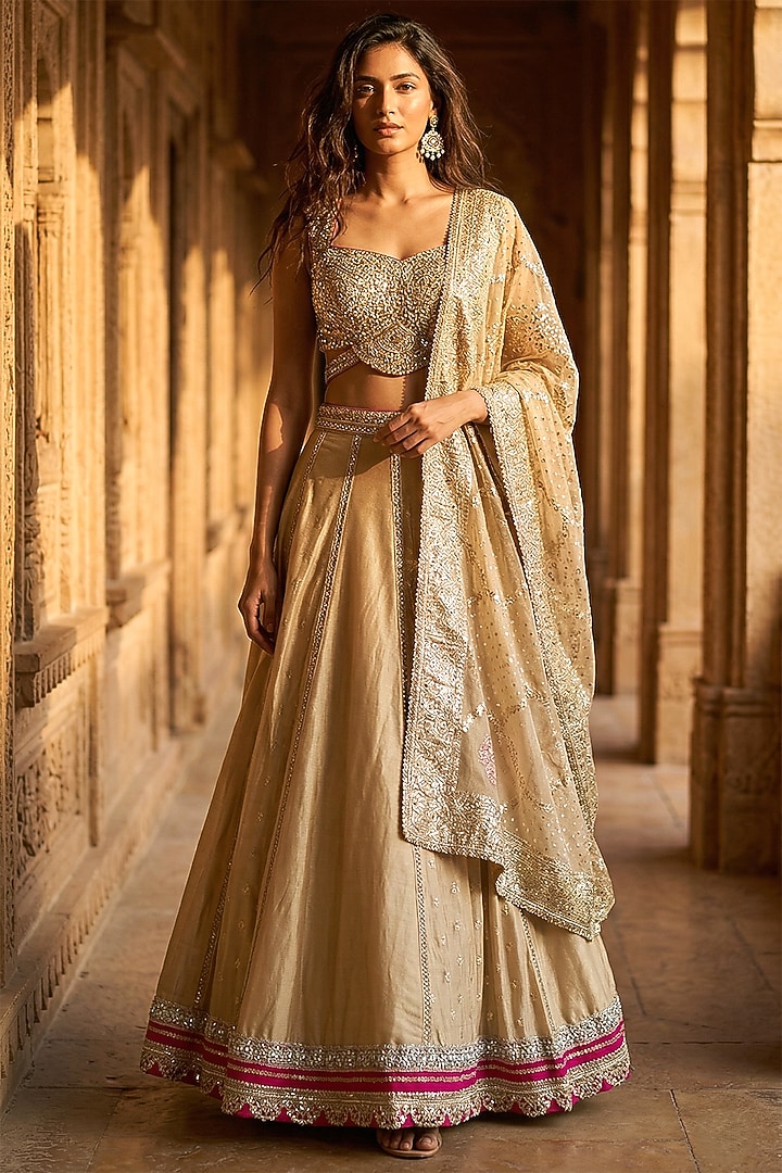 Gold Tissue Cutdana Embroidered Wedding Lehenga Set by Basanti - Kapde aur Koffee at Pernia's Pop Up Shop
