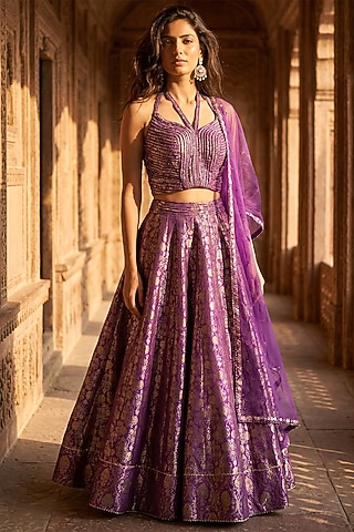 Purple Banarasi Sequins Embroidered Lehenga Set by Basanti - Kapde aur Koffee