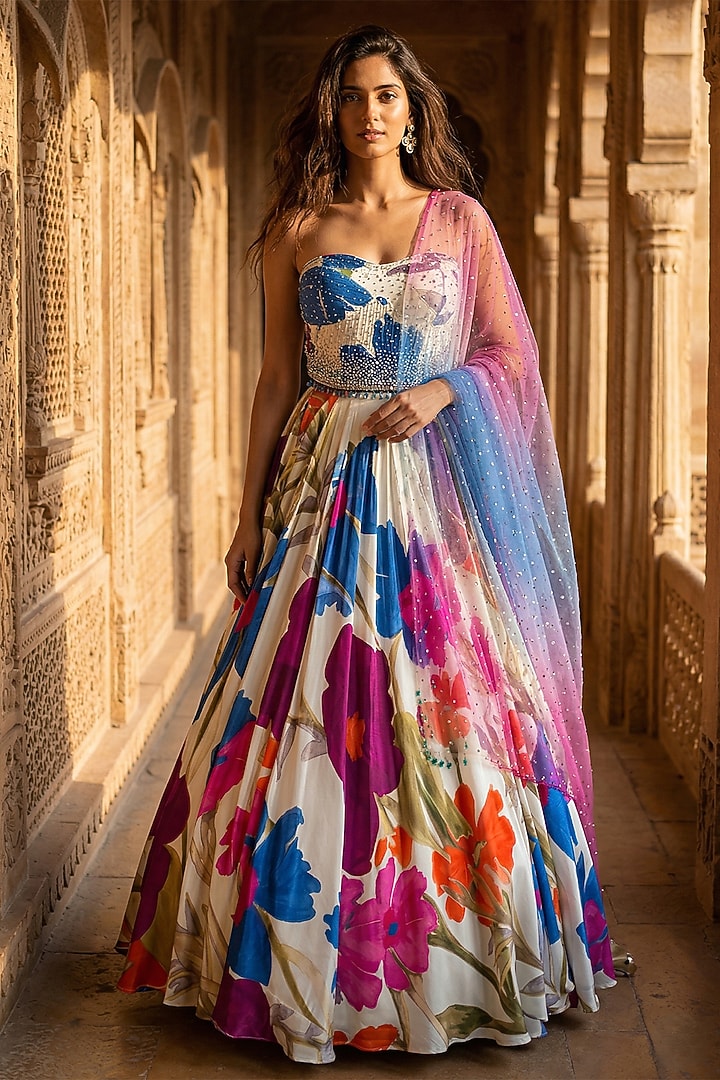 Ivory Crepe Crystal & Stone Embroidered Wedding Lehenga Set by Basanti - Kapde aur Koffee at Pernia's Pop Up Shop