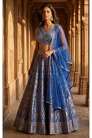 Blue Banarasi Sequins Embroidered Lehenga Set by Basanti - Kapde aur Koffee