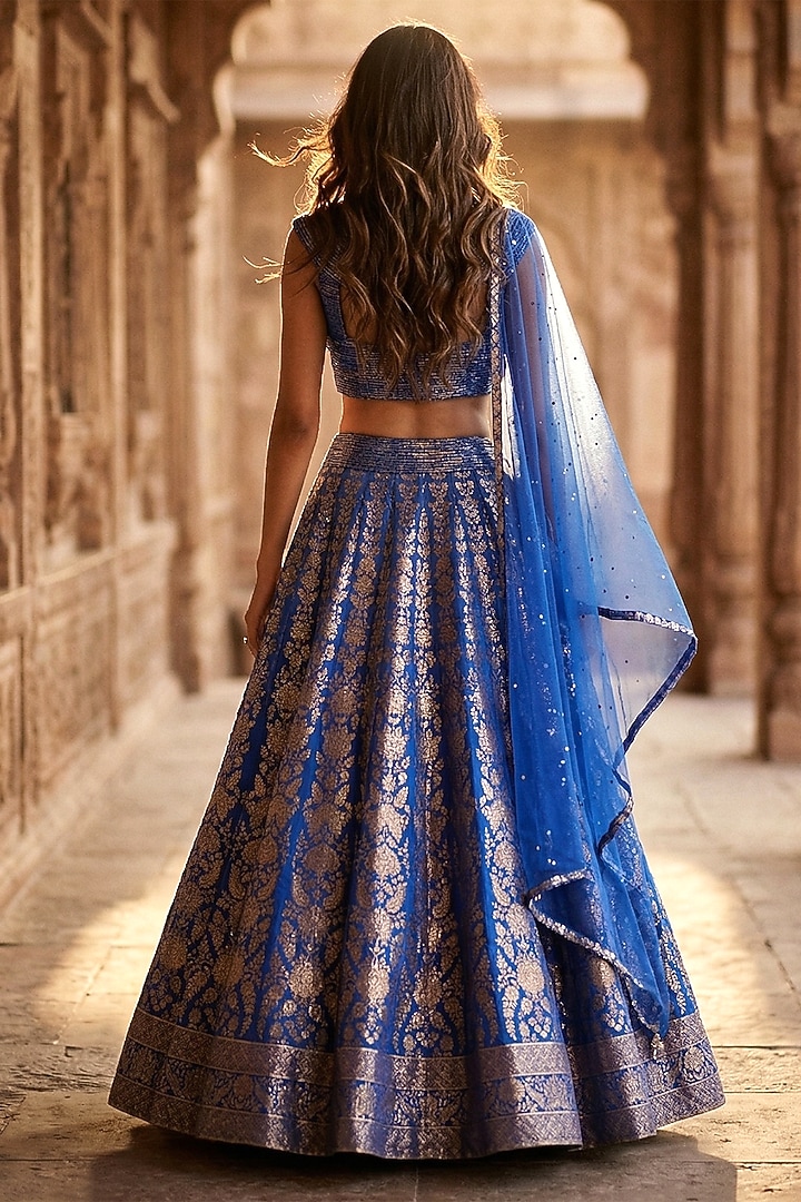 Blue Banarasi Sequins Embroidered Lehenga Set by Basanti - Kapde aur Koffee at Pernia's Pop Up Shop