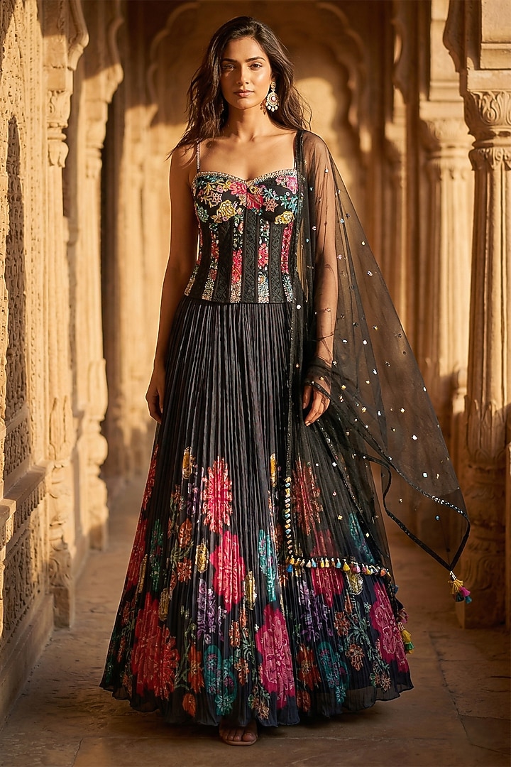 Black Georgette Sequins Embroidered Wedding Lehenga Set by Basanti - Kapde aur Koffee at Pernia's Pop Up Shop
