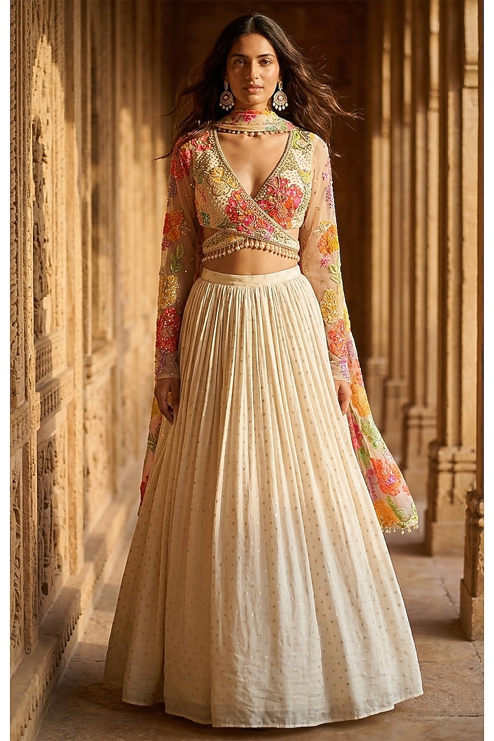 Ivory Georgette Sequins Embroidered Lehenga Set by Basanti - Kapde aur Koffee at Pernia's Pop Up Shop