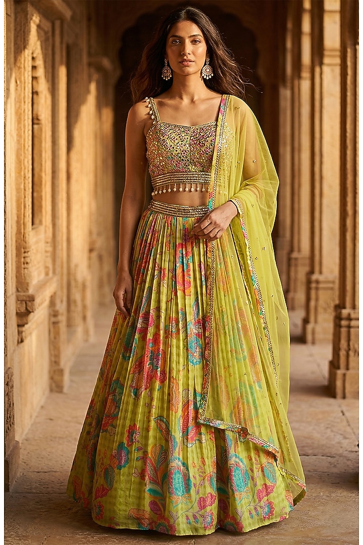 Lime Georgette Sequins Embroidered Lehenga Set by Basanti - Kapde aur Koffee at Pernia's Pop Up Shop