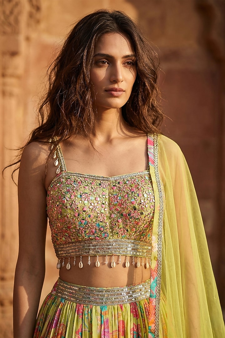 Lime Georgette Sequins Embroidered Lehenga Set by Basanti - Kapde aur Koffee at Pernia's Pop Up Shop