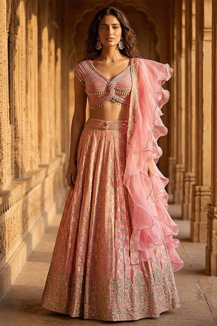 Peach Banarasi Zari & Crystal Embroidered Wedding Lehenga Set by Basanti - Kapde aur Koffee at Pernia's Pop Up Shop