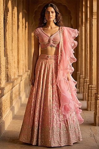 Peach Banarasi Zari & Crystal Embroidered Lehenga Set by Basanti - Kapde aur Koffee
