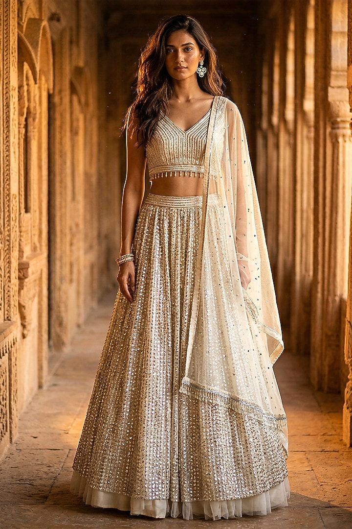 Ivory Net Sequins Embroidered Wedding Lehenga Set by Basanti - Kapde aur Koffee at Pernia's Pop Up Shop