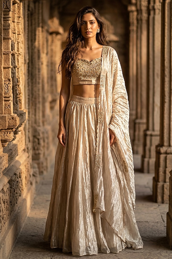 Gold Tissue Cutdana Embroidered Lehenga Set by Basanti - Kapde aur Koffee at Pernia's Pop Up Shop