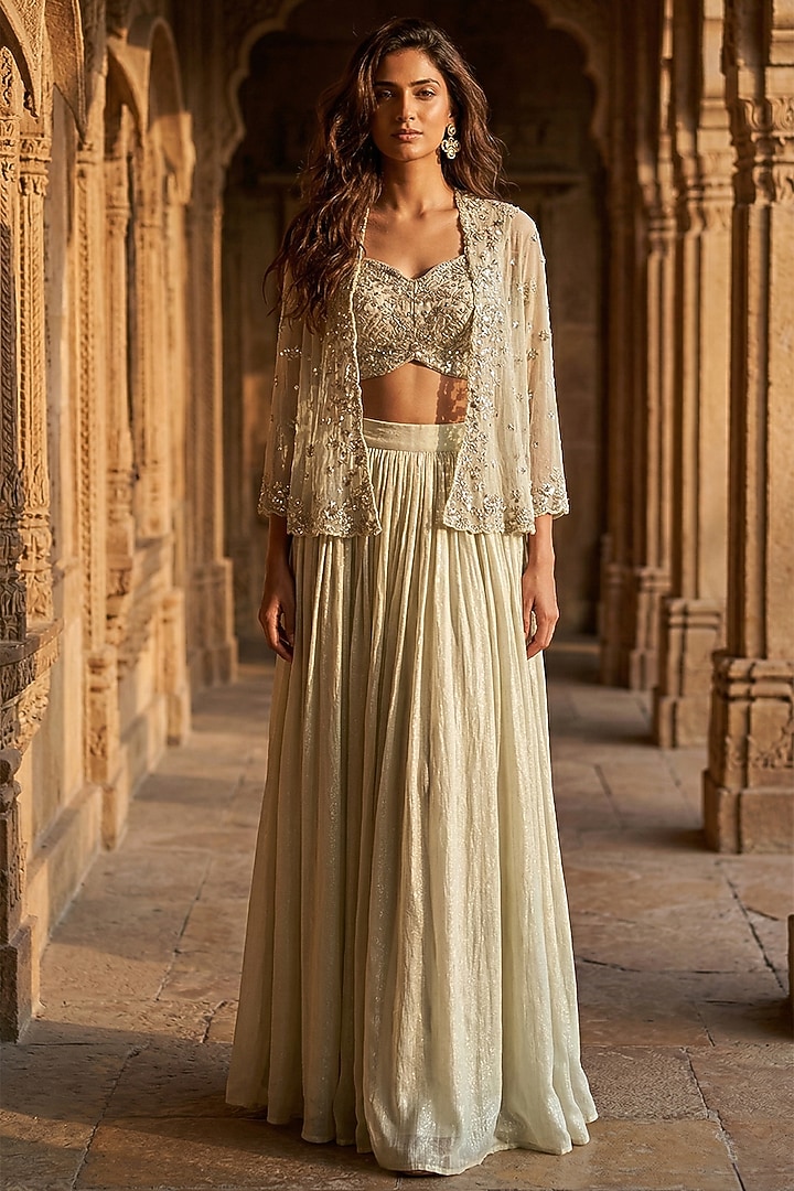 Powder Blue Georgette Sequins Embroidered Jacket Lehenga Set by Basanti - Kapde aur Koffee at Pernia's Pop Up Shop