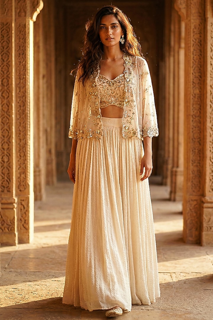 Peach Georgette Sequins Embroidered Jacket Lehenga Set by Basanti - Kapde aur Koffee at Pernia's Pop Up Shop