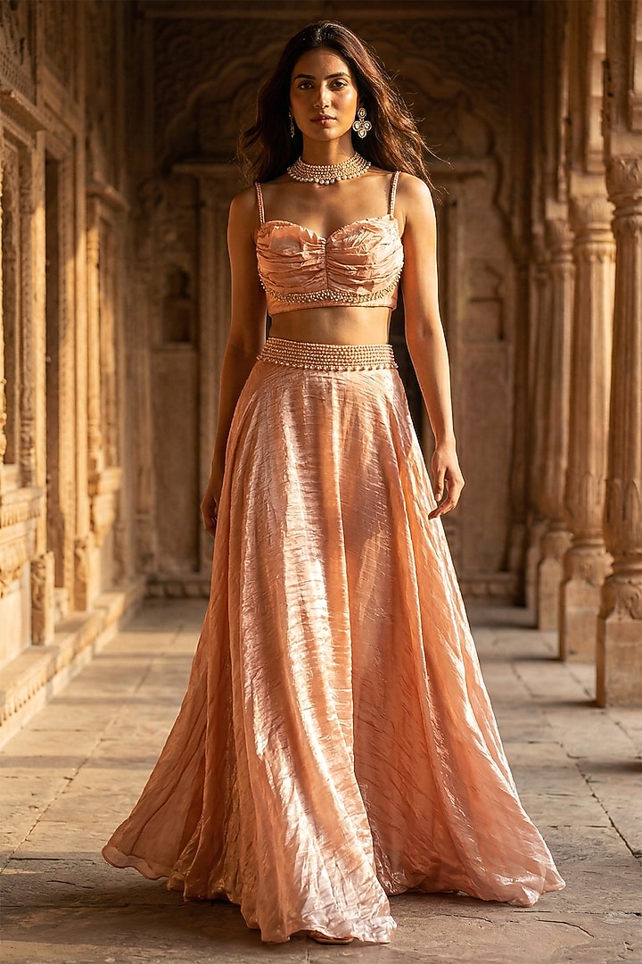 Rose Gold Organza Cutdana Embroidered Lehenga Set by Basanti - Kapde aur Koffee at Pernia's Pop Up Shop