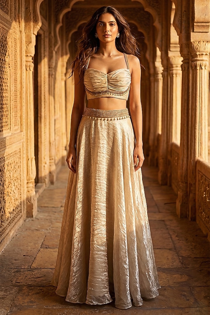 Matte Gold Organza Cutdana Embroidered Lehenga Set by Basanti - Kapde aur Koffee at Pernia's Pop Up Shop