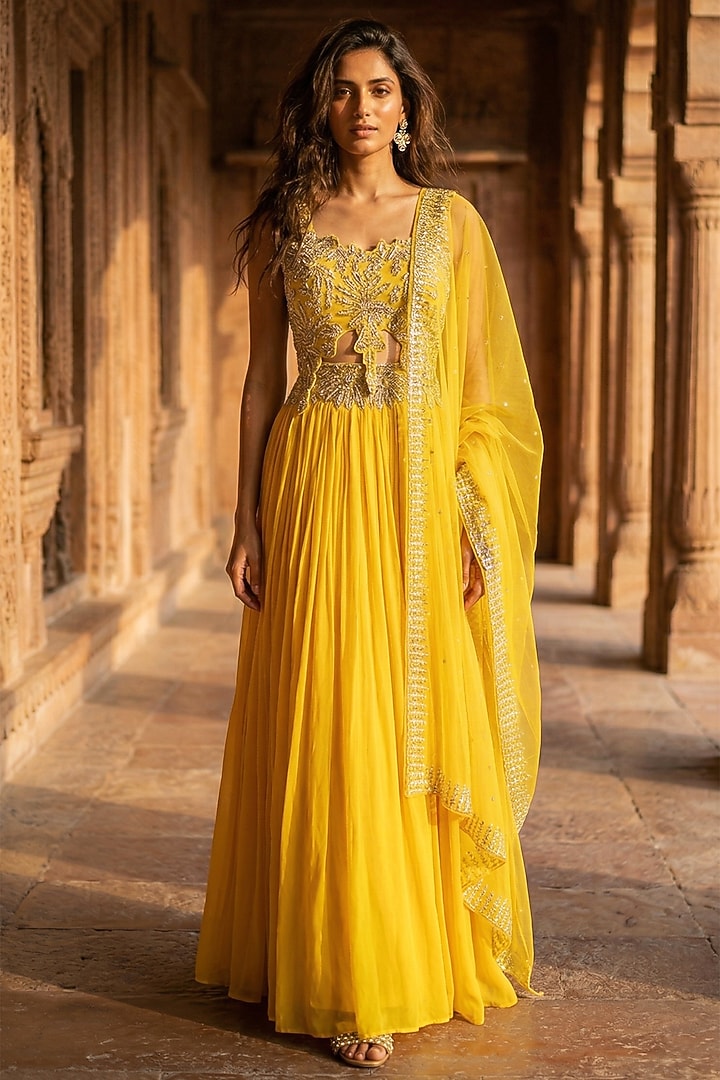 Yellow Georgette Cutdana Embroidered Lehenga Set by Basanti - Kapde aur Koffee at Pernia's Pop Up Shop