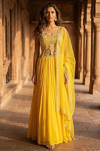 Yellow Georgette Cutdana Embroidered Lehenga Set by Basanti - Kapde aur Koffee