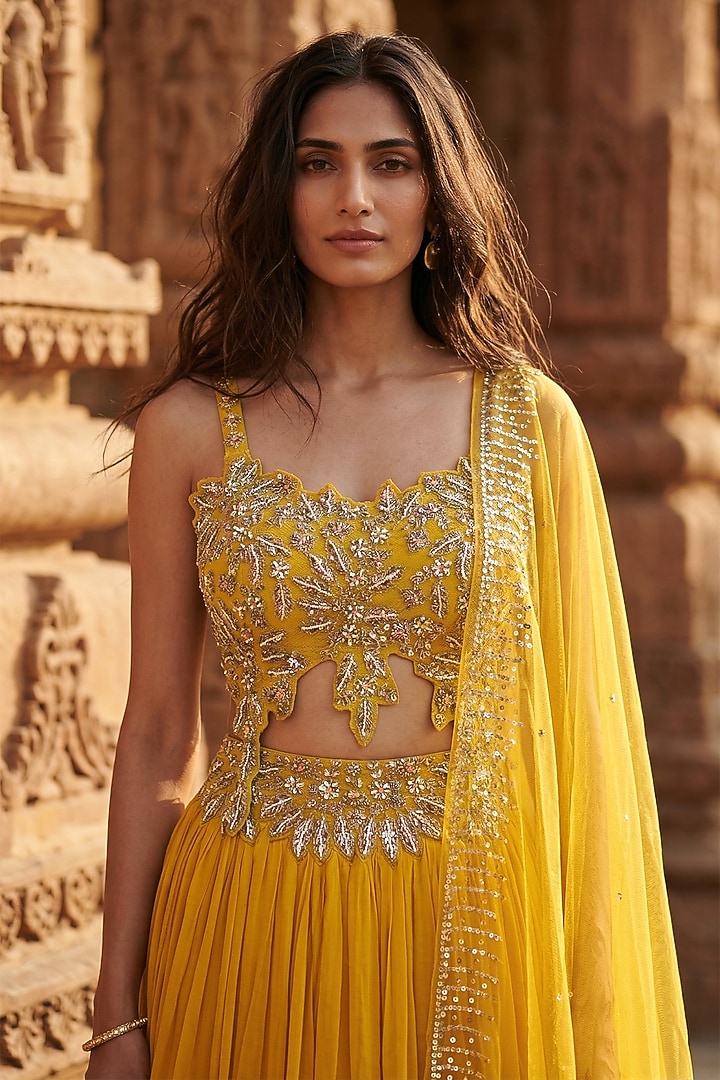 Yellow Georgette Cutdana Embroidered Lehenga Set by Basanti - Kapde aur Koffee at Pernia's Pop Up Shop