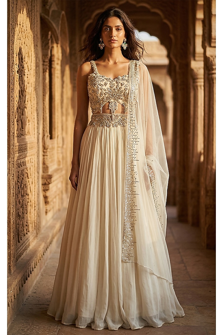 Yellow Georgette Cutdana Embroidered Lehenga Set by Basanti - Kapde aur Koffee at Pernia's Pop Up Shop