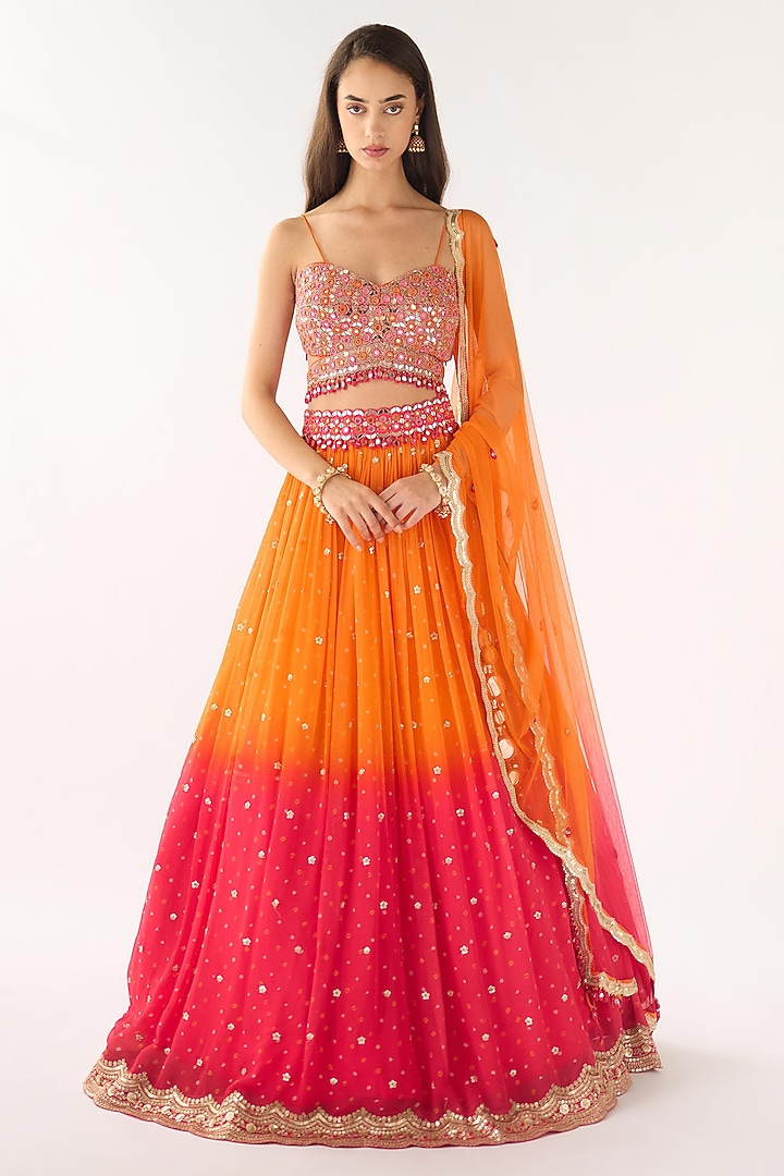 Orange & Pink Ombre Georgette Embroidered Wedding Lehenga Set by Basanti - Kapde aur Koffee at Pernia's Pop Up Shop
