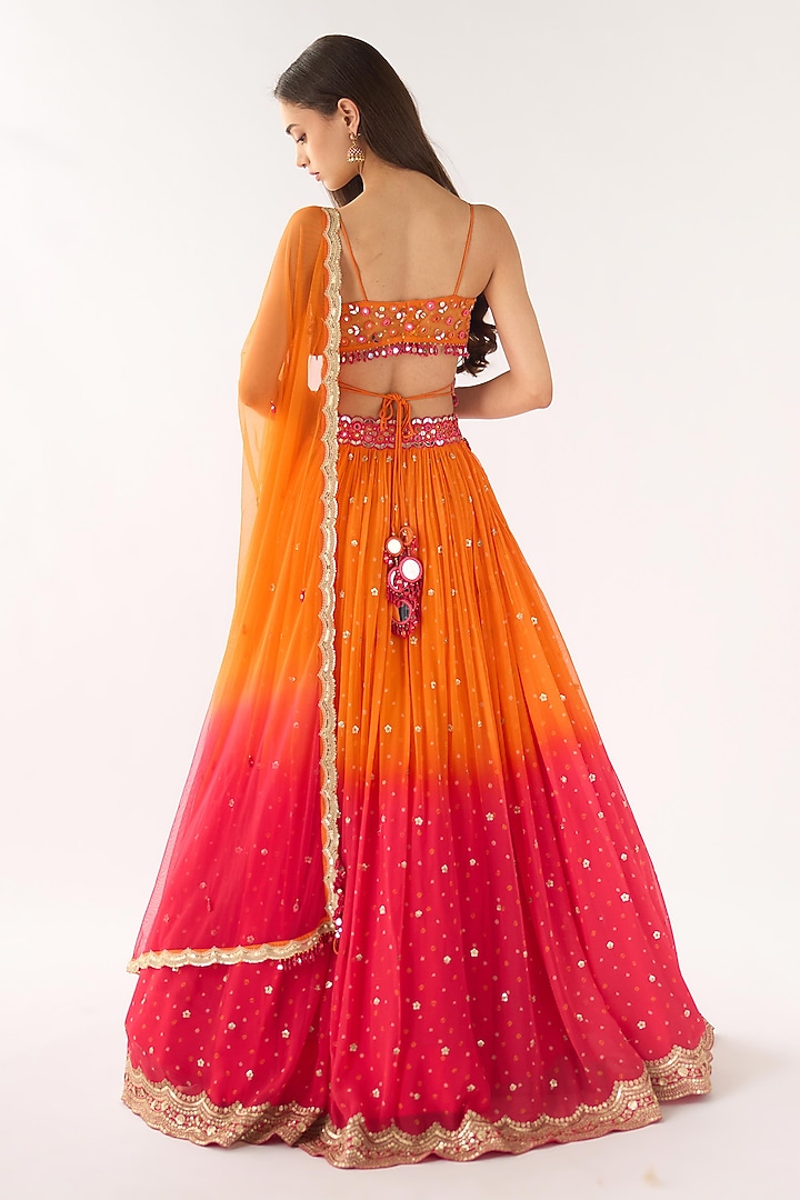 Orange & Pink Ombre Georgette Embroidered Wedding Lehenga Set by Basanti - Kapde aur Koffee at Pernia's Pop Up Shop