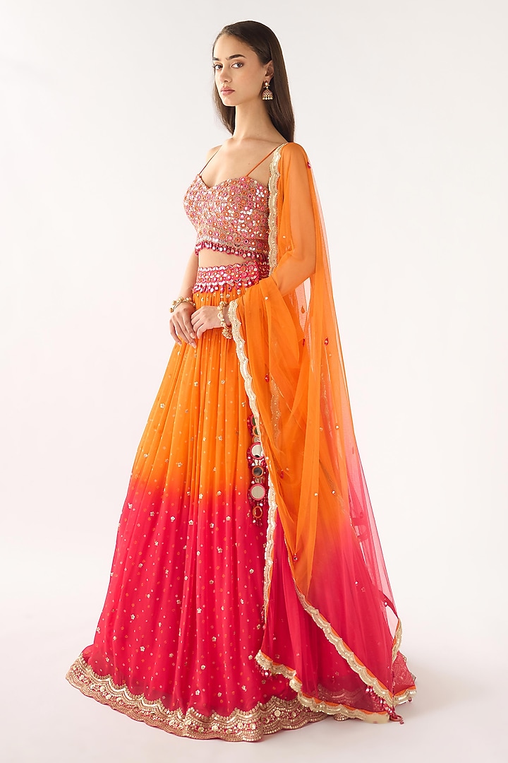 Orange & Pink Ombre Georgette Embroidered Wedding Lehenga Set by Basanti - Kapde aur Koffee at Pernia's Pop Up Shop