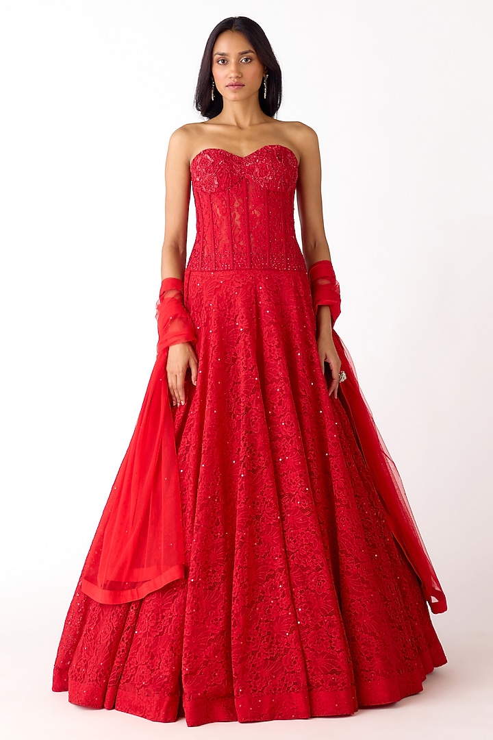 Red Chantley Net Sequins Embroidered Wedding Lehenga Set by Basanti - Kapde aur Koffee at Pernia's Pop Up Shop
