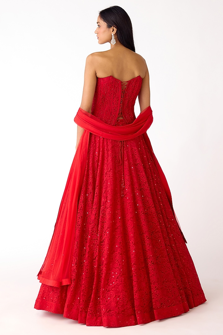 Red Chantley Net Sequins Embroidered Wedding Lehenga Set by Basanti - Kapde aur Koffee at Pernia's Pop Up Shop