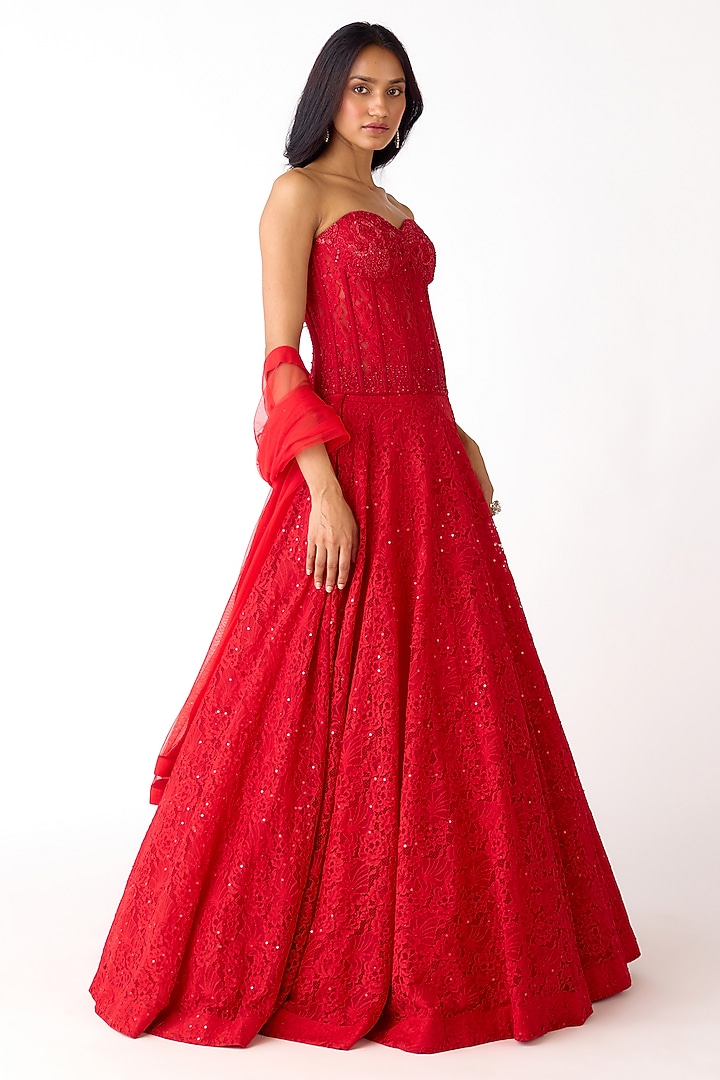 Red Chantley Net Sequins Embroidered Wedding Lehenga Set by Basanti - Kapde aur Koffee at Pernia's Pop Up Shop