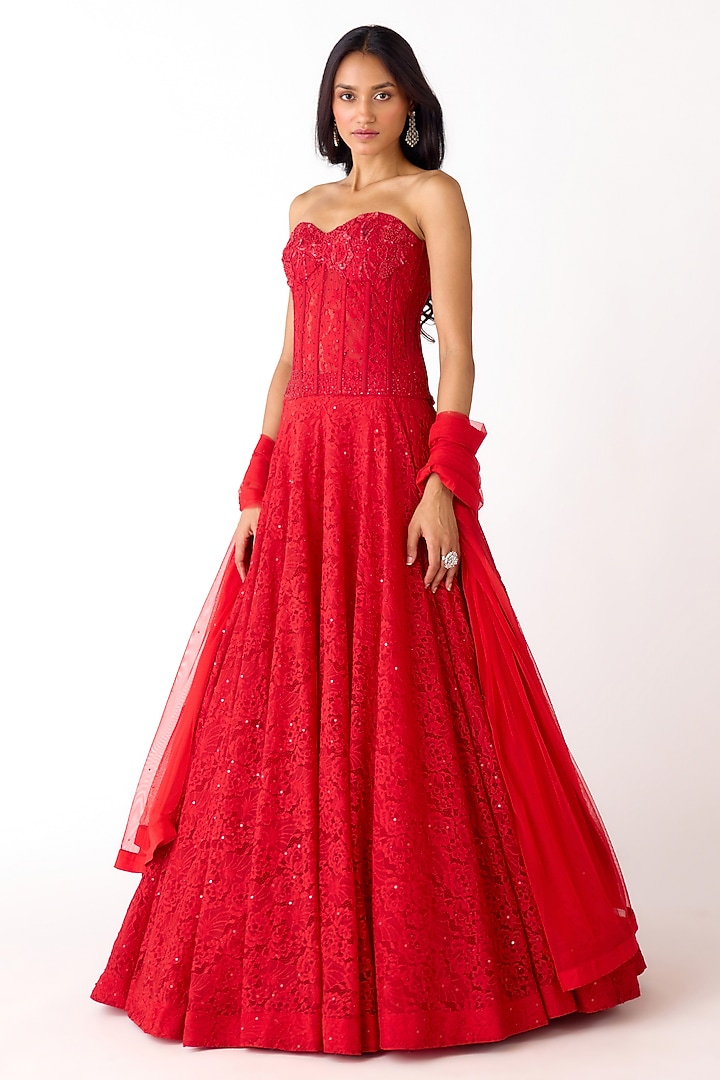 Red Chantley Net Sequins Embroidered Wedding Lehenga Set by Basanti - Kapde aur Koffee at Pernia's Pop Up Shop