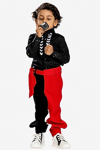 Red & Black Cotton Satin Pants Set For Boys by BAYA COUTURE