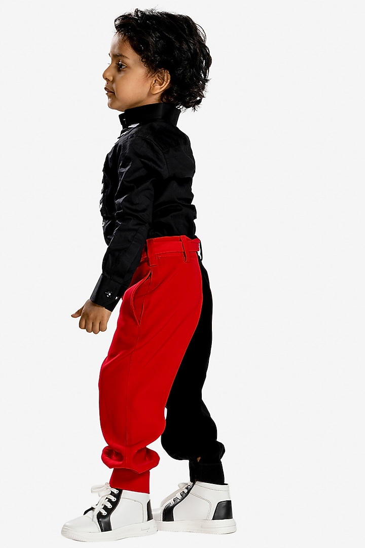 Red & Black Cotton Satin Pants Set For Boys by BAYA COUTURE at Pernia's Pop Up Shop