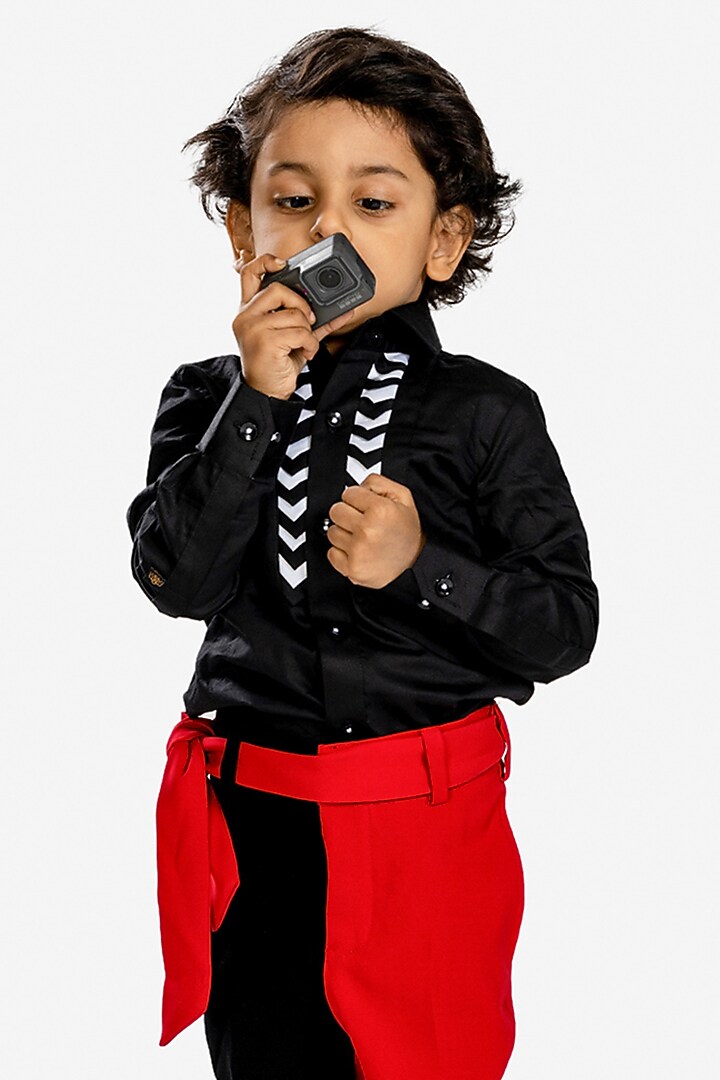 Red & Black Cotton Satin Pants Set For Boys by BAYA COUTURE at Pernia's Pop Up Shop