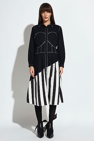 Black & White Cotton Panelled Asymmetric Dress by bluntbuck