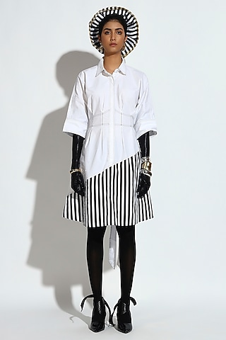 Black & White Cotton Striped Asymmetric Mini Dress by bluntbuck