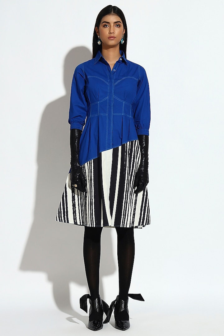 Blue Cotton Striped & Panelled Asymmetric Summer Dress by BluntBuck at Pernia's Pop Up Shop