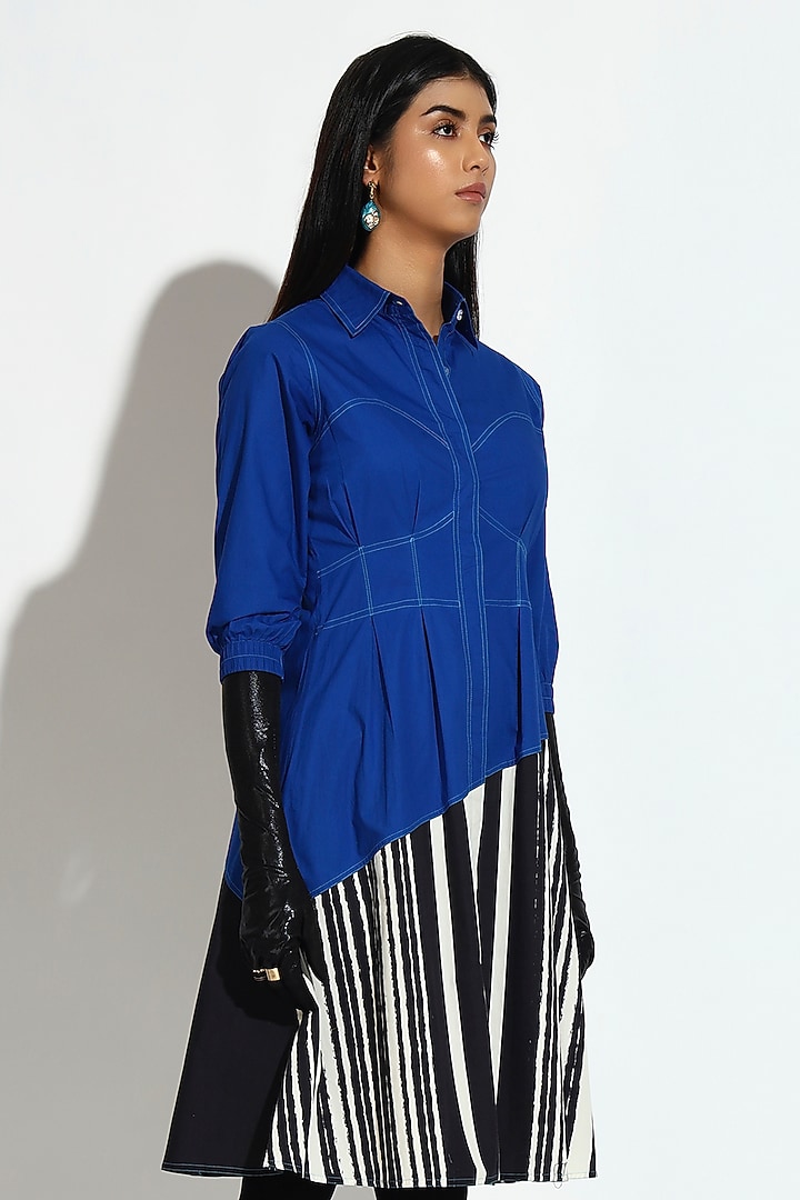 Blue Cotton Striped & Panelled Asymmetric Summer Dress by BluntBuck at Pernia's Pop Up Shop